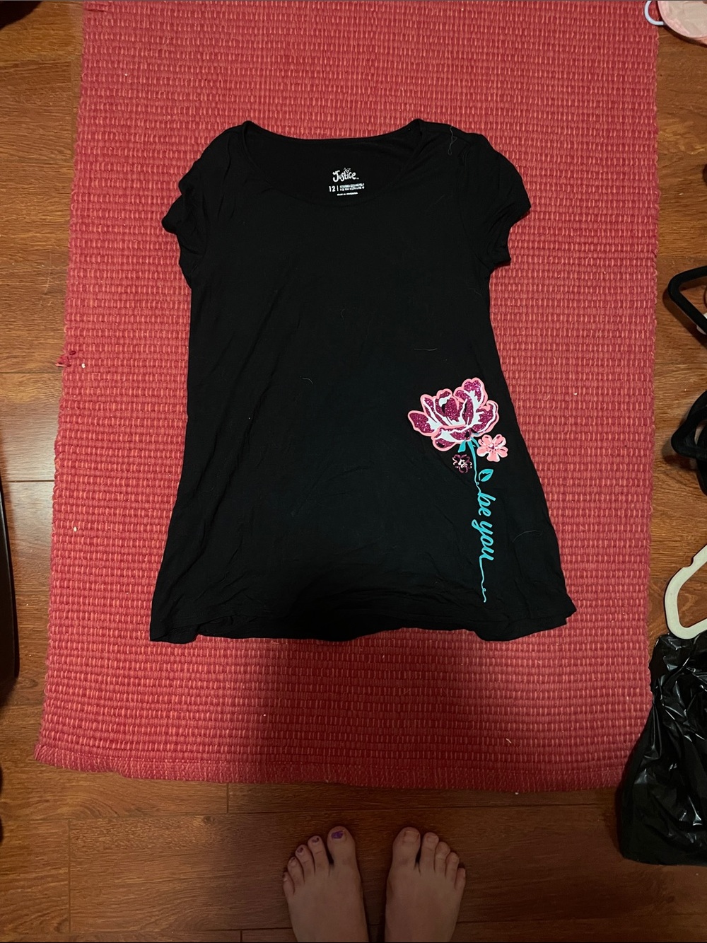 Justice Black Tee with Pink Floral and Teal Script